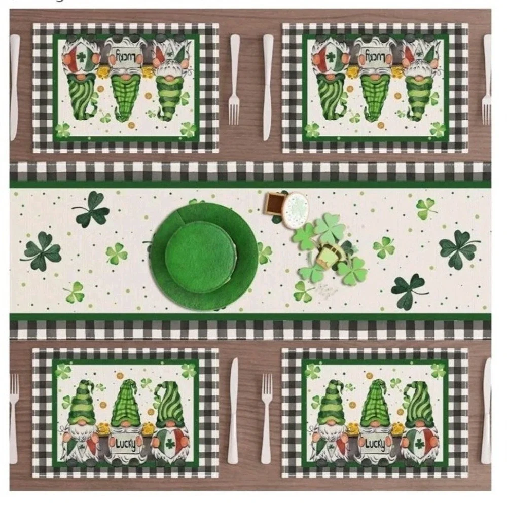 XCHI St Patrick's Day Placemats Set of 6 Plaid Gnome Shamrock Table Mats 12x18
